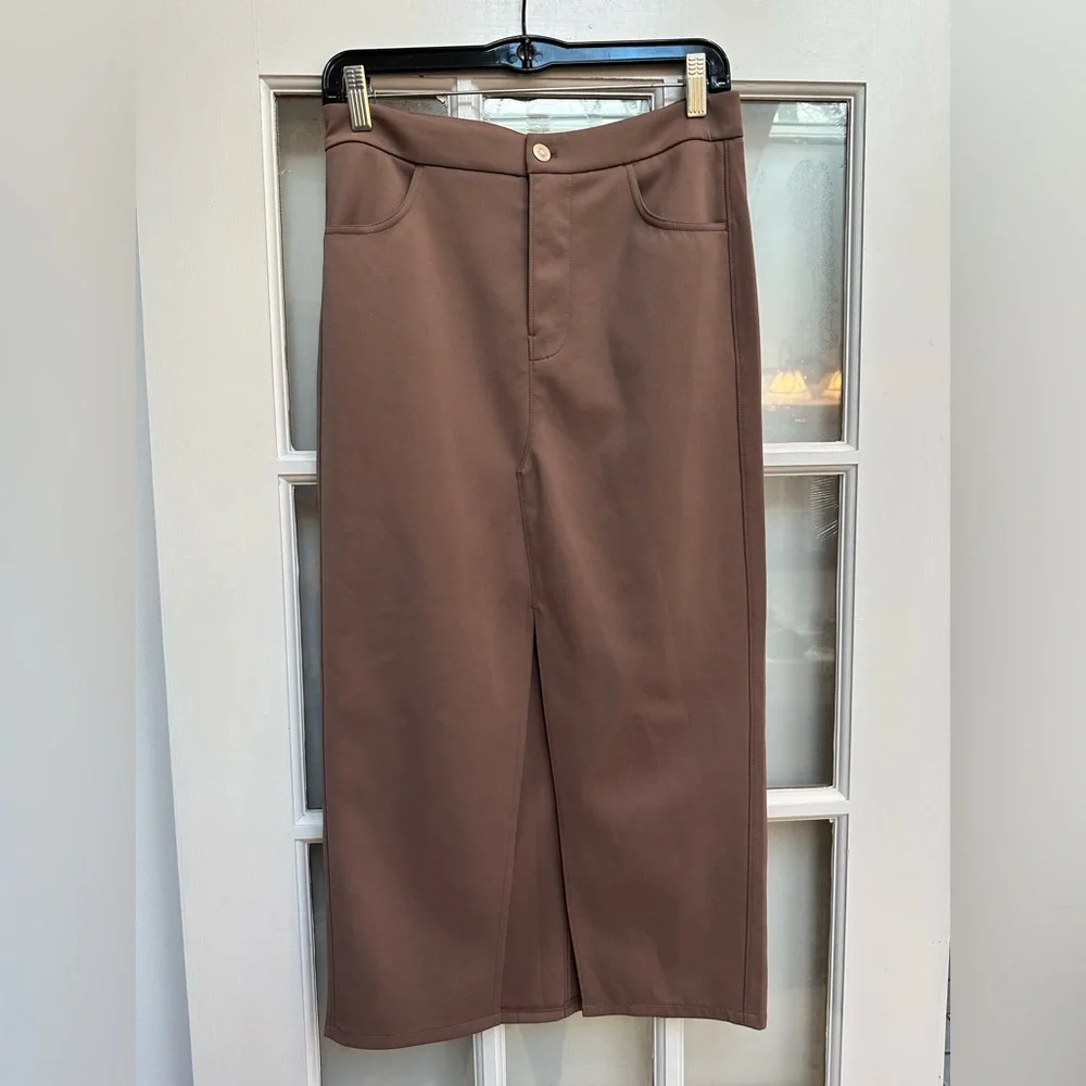 Hudson Reconstructed Chic Deep Taupe Midi Pencil Skirt with Front Slit Size 6